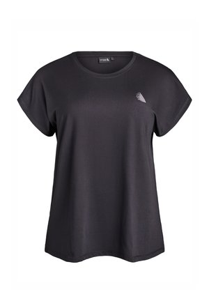 T-shirt noir à manches courtes en tissu doux, avec un col rond et un petit accent à motif sur le côté gauche.