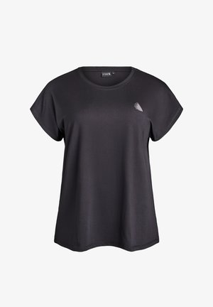 Zwarte t-shirt met korte mouwen van zachte stof, met een ronde halslijn en een klein gemusterd accent aan de linkerkant.