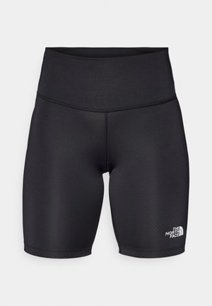 Schwarze Sportshorts aus elastischem Material, mit hohem Bund und dem weißen Logo von The North Face am unteren rechten Bein.