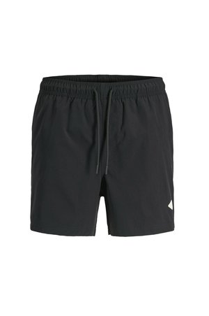 Zwarte shorts tot halverwege de dij met elastische tailleband en vooraan trekkoord, met een klein wit logo op het onderste linkerbeen.