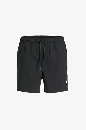 Zwarte shorts tot halverwege de dij met elastische tailleband en vooraan trekkoord, met een klein wit logo op het onderste linkerbeen.