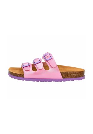Rosa Slip-On-Sandale mit drei verstellbaren violetten Schnallen, Kork-Fußbett und violetter Sohle vor weißem Hintergrund.