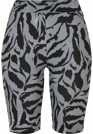 Höga cykelshorts i stretchtyg med ett grått och svart abstrakt djurmönster, med en slät och texturerad yta.