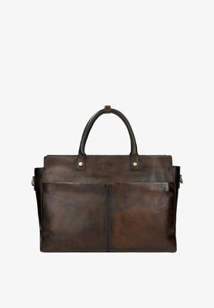 Braune Leder-Shopper-Tasche mit doppelten Griffen, Fronttasche und Metallakzenten. Glatte Textur mit reichem, dunklem Finish.
