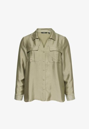 Chemise olive verte à manches longues avec deux poches avant, fermeture à boutons et tissu texturé. Comprend un col et un ourlet arrondi.
