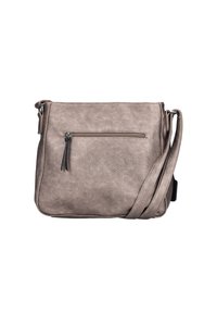 Borsa a tracolla in pelle grigia con finitura texturizzata, dotata di una tasca anteriore con zip e tracolla regolabile. Forma rettangolare compatta.