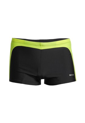 Schwarze Badeshorts mit einem neongrünen Bund und seitlichen Akzenten. Glatte Textur und figurbetontes Design geeignet für Wasseraktivitäten.