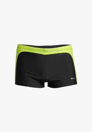 Schwarze Badeshorts mit einem neongrünen Bund und seitlichen Akzenten. Glatte Textur und figurbetontes Design geeignet für Wasseraktivitäten.