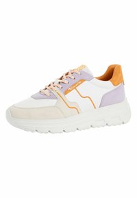 Lace-up sneakers featuring a mix of white, purple, and orange materials. Cushioned sole and textured accents add visual interest.