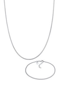 Collana in argento e bracciale coordinato con un design liscio e arrotondato, caratterizzato da una sottile texture e chiusura a gancio.