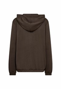 Bruine hoodie met een trekkoordcapuchon, elastische manchetten en een ontspannen pasvorm. Soepele textuur en effen kleur zonder patronen of logo's.
