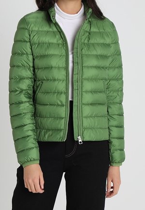 Nainen, jolla on vihreä tikattu vetoketjullinen takki valkoisen poolopaidan ja mustien housujen päällä, seisoo yksiväristä taustaa vasten.