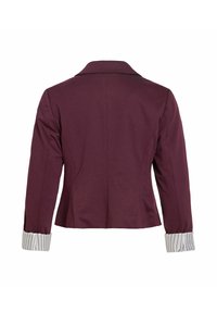 Blazer bordeaux à coupe ajustée, manches longues et poignets rayés contrastants. Texture lisse avec un col classique et un dos cintré.