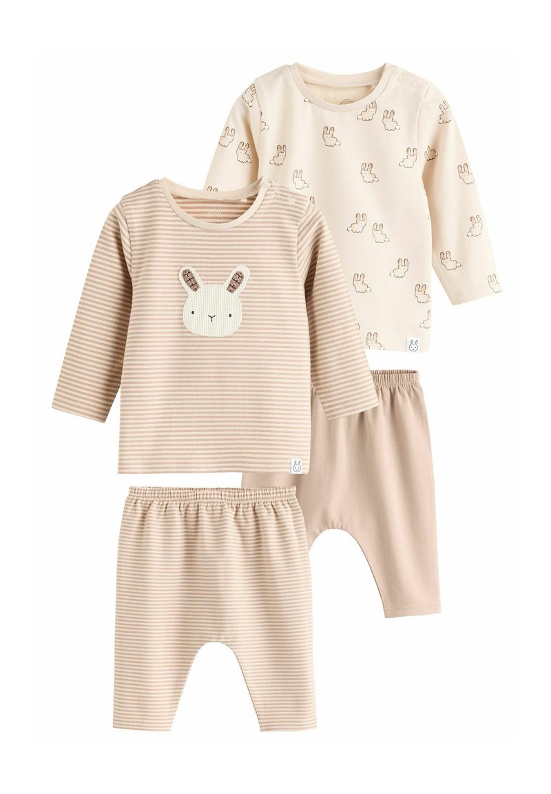 Sættet til spædbørn består af to dele; inkluderer en lys brun og beige stribet langærmet bluse med en kanin-applikation og ensfarvede beige bukser.