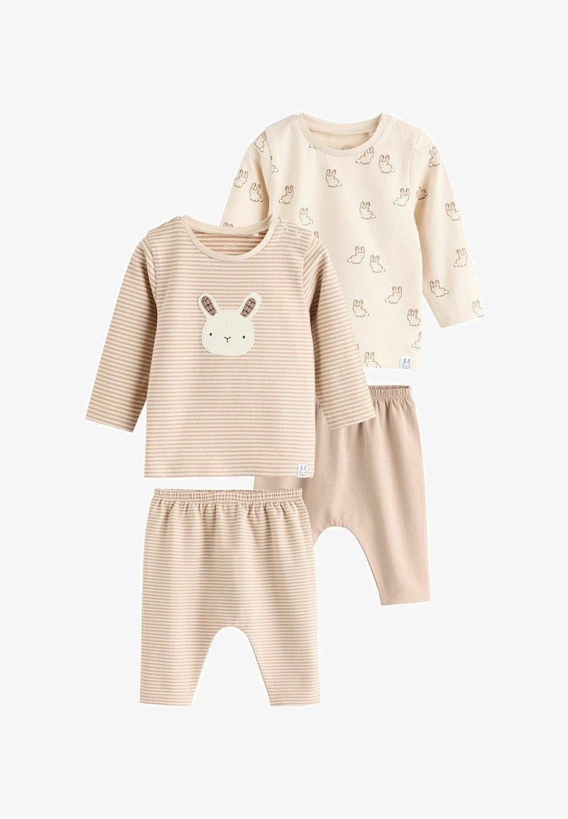 Sættet til spædbørn består af to dele; inkluderer en lys brun og beige stribet langærmet bluse med en kanin-applikation og ensfarvede beige bukser.