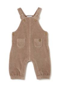 Braune Corduroy-Latzhose mit verstellbaren Trägern, zwei Fronttaschen, Knopfdetails und elastischen Bündchen. Weiche Textur, schlichtes Design.