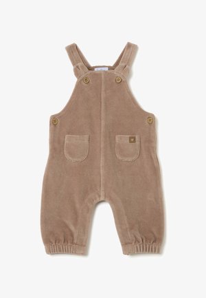 Salopette en velours côtelé marron avec bretelles ajustables, deux poches avant, accents en boutons et poignets élastiques. Texture douce, design simple.