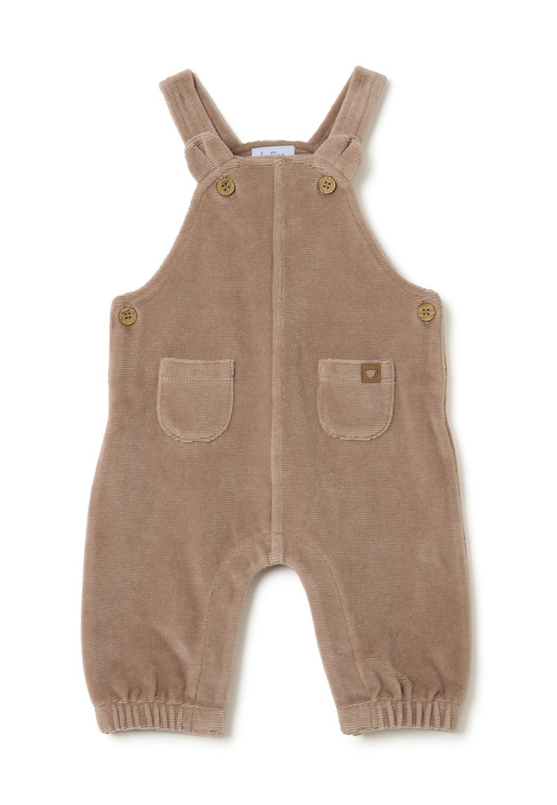 Braune Corduroy-Latzhose mit verstellbaren Trägern, zwei Fronttaschen, Knopfdetails und elastischen Bündchen. Weiche Textur, schlichtes Design.