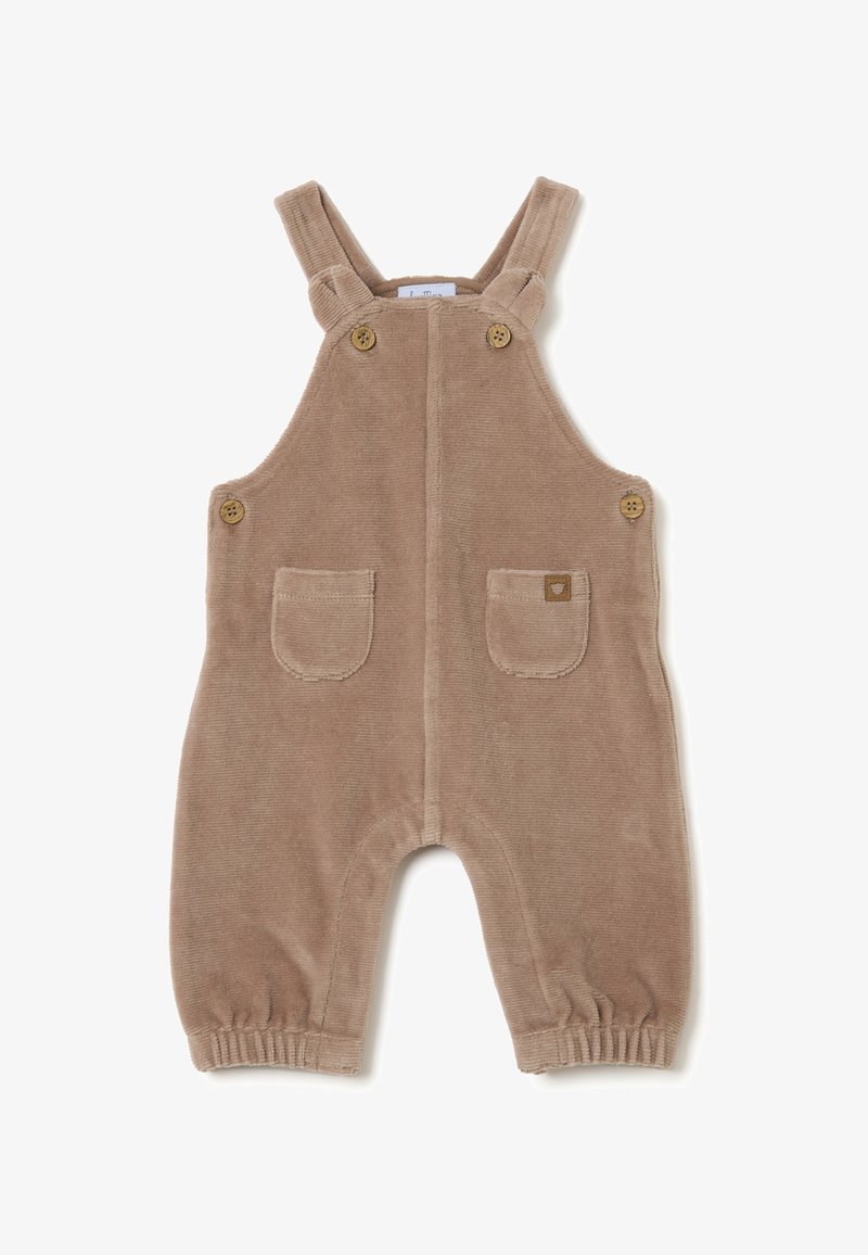 Braune Corduroy-Latzhose mit verstellbaren Trägern, zwei Fronttaschen, Knopfdetails und elastischen Bündchen. Weiche Textur, schlichtes Design.