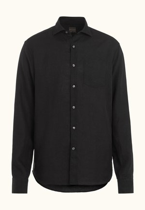 Camicia nera in lino a maniche lunghe con bottoni, colletto a punta, taschino sul petto e orlo curvo.