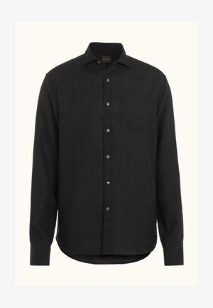 Czarna, długosleeve'owa lniana koszula z zapięciem na guziki, spiczastym kołnierzykiem, jedną kieszenią na piersi i zaokrąglonym dołem.
