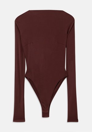 Dark brown long-sleeve bodysuit with a high neckline and fitted silhouette, laid flat against a white background.