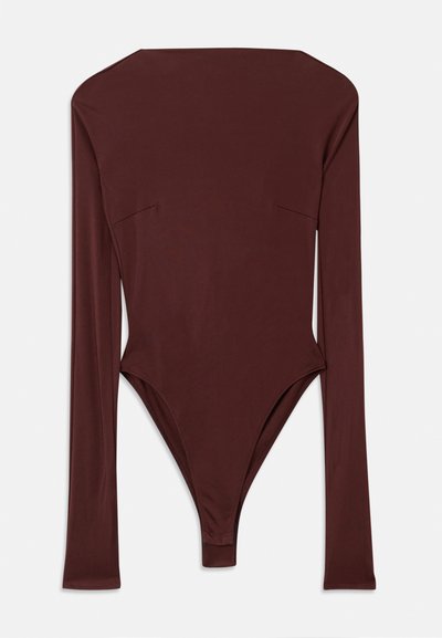 Dark brown long-sleeve bodysuit with a high neckline and fitted silhouette, laid flat against a white background.