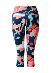 Leggings capri de color azul marino, rosa y coral con un patrón, de textura suave, que cuentan con una cinturilla elástica y costuras cosidas.