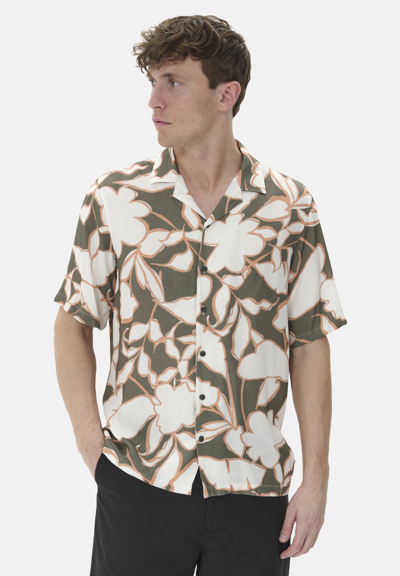 Short-sleeve shirt in lightweight fabric with a green, white, and peach floral pattern; features a camp collar and black buttons.