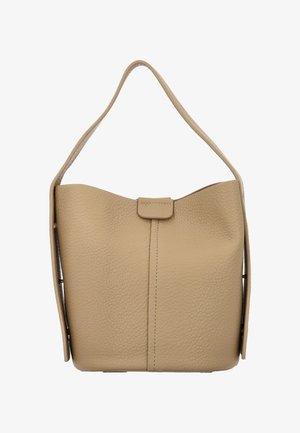 Beige lædertaske med en blød, tekstureret finish, en enkelt skulderrem og en rundet, åben toplukning.