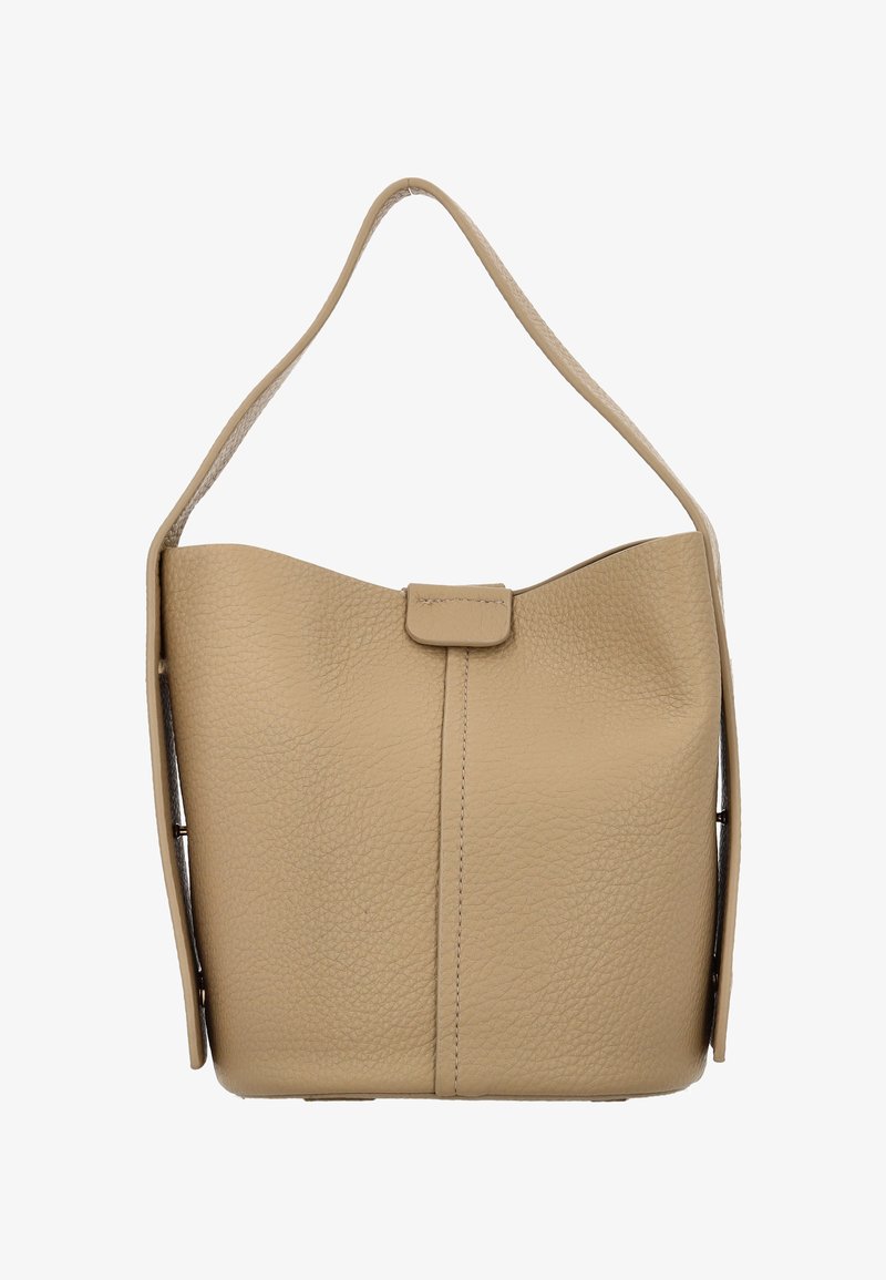 Geantă de mână din piele bej cu finisaj moale și texturat, o singură curea de umăr, și închidere rotundă, deschisă în partea de sus.