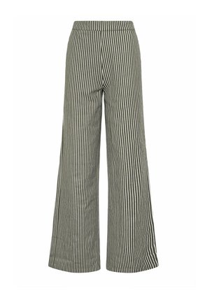 Pantalon à jambes larges avec rayures verticales noires et blanches, taille élastique et coupe ample.