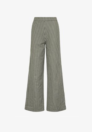 Pantalon à jambes larges avec rayures verticales noires et blanches, taille élastique et coupe ample.
