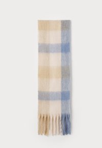 Vevd skjerf med vekslende lys beige, kremfarget og blå rutete mønster, med frynser i endene for tekstur og stil.