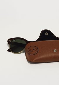 Ray-Ban aurinkolasit tummanvihreillä linsseillä, ruskealla kilpikonnakuosisella kehysrakenteella, kultaisilla yksityiskohdilla ja ruskealla nahkakotelolla, jossa on musta logo-merkintä.