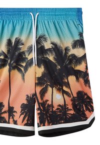 Costumi da bagno da uomo in tessuto a rete con un design a gradiente che va dal blu all'arancione, raffigurante un tramonto con silhouette nere di palme. Stringa bianca e rifiniture.