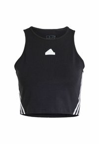 Crna kratka majica na bazi od rastezljivog materijala, s okruglim izrezom, bijelim adidas logotipom sprijeda i bijelim trakama sa strane.