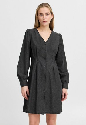 Black denim dress with a V-neck and long puff sleeves, featuring a button front and pleated details, textured fabric with a subtle sheen.