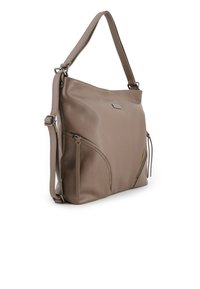 Brown textured leather handbag with a single shoulder strap, featuring a zippered pocket and a sleek, structured design.
