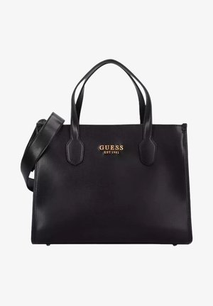 Sort håndtaske i kunstlæder med to håndtag og en aftagelig rem. Udstyret med guldlogo og minimalistisk design. Glat, struktureret form.