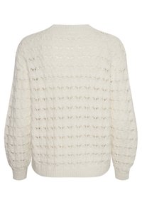 Maglione color crema con un motivo di maglia aperta testurizzato, colletto rotondo e maniche leggermente voluminose con polsini a coste.