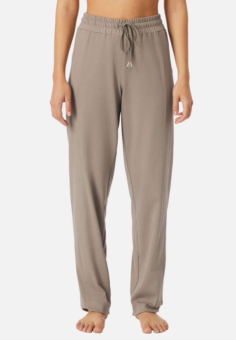 Lätta, beige loungebyxor med elastisk midja, dragsnöre och en avslappnad passform, med raka ben och utan fickor.