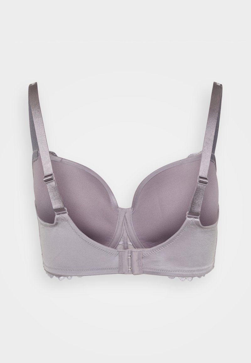 Jasnofioletowy stanik z wkładkami, z regulowanymi ramiączkami i zapięciem z przodu, pokazany z przodu na białym tle.