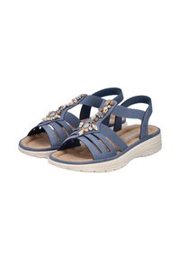 Blauwe sandaal met gestructureerde banden en decoratieve accenten aan de voorkant, met een gevoerde zool en een open teen ontwerp voor comfort.