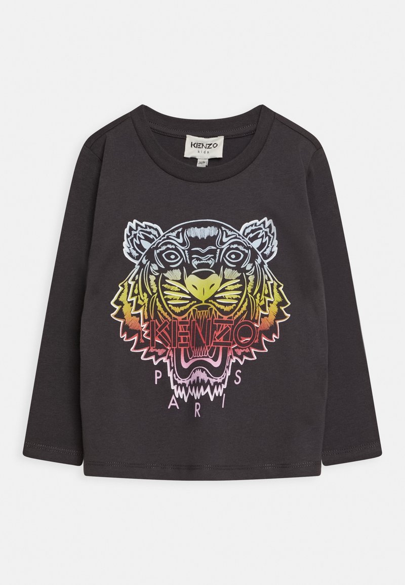 Camiseta negra de manga larga con un gráfico multicolor de la cara de un tigre y el texto "KENZO PARIS" debajo. Hecha de material de algodón suave.