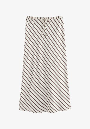 Witte knielange rok met dunne diagonale bruine strepen en een tailleband met trekkoord.