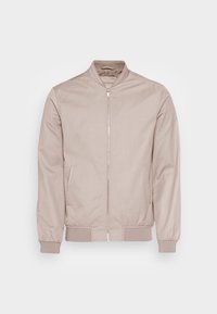 Lichtbeige bomberjack met een ritssluiting aan de voorkant, ribgebreide manchetten en zoom, voorzien van twee zijzakken en een gladde, matte afwerking.