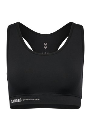 Czarny stanik sportowy o gładkiej fakturze, z designem na plecach oraz markową taśmą z napisem "hummel PERFORMANCE". Prosta i funkcjonalna konstrukcja.
