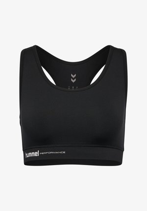 Czarny stanik sportowy o gładkiej fakturze, z designem na plecach oraz markową taśmą z napisem "hummel PERFORMANCE". Prosta i funkcjonalna konstrukcja.