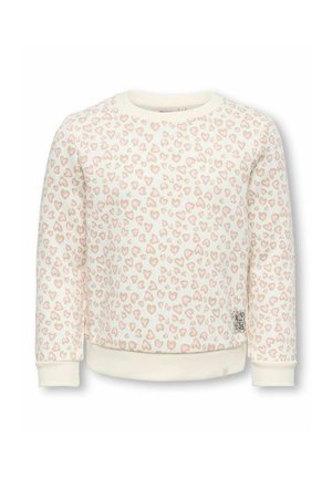 Creamfarvet langærmet sweatshirt med lyserødt og beige hjerteformet leopardprint og ribstrikkede manchetter og kant.